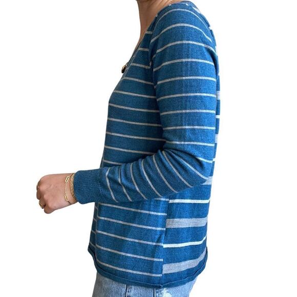 Smartwool Womens Blue Gray Striped Merino Wool V Neck Lightweight Sweater Sz L - Picture 3 of 7